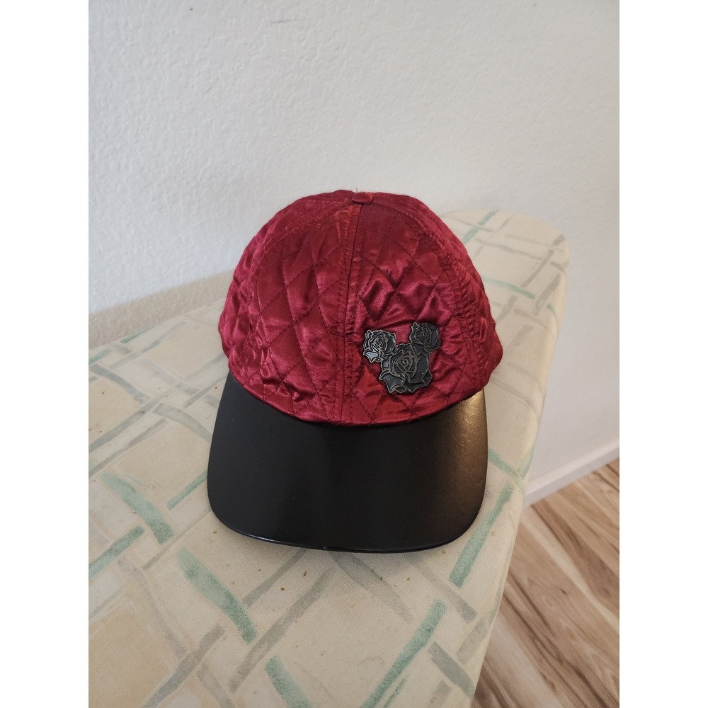 Disney‎ Parks Quilted Satin Mickey Mouse Rose Baseball Cap Burgundy Black Hat